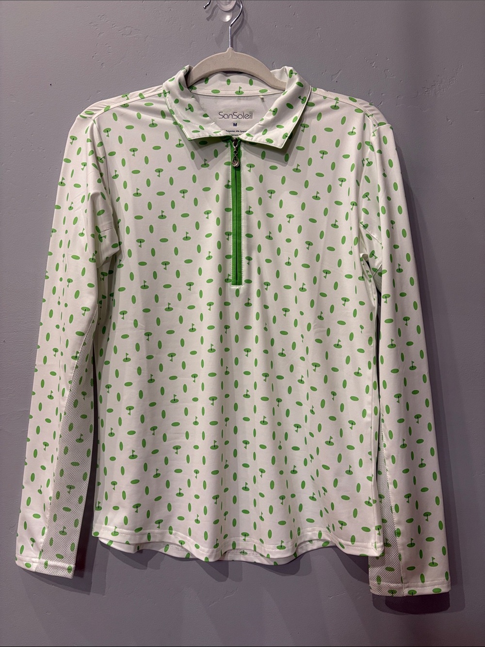 SanSoleil SolCool Women M Golf UPF 50+ Quarter Zip Swarovski Green White